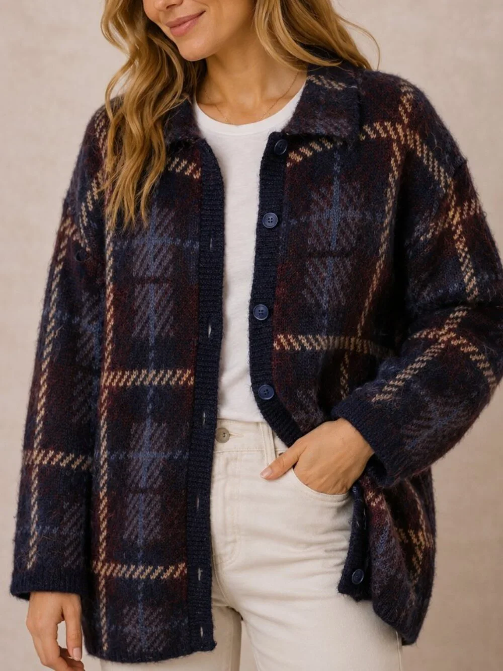 Vintage Mohair Blend Plaid Oversized Cardigan Sweater Navy Burgundy Tan M - Picture 1 of 11